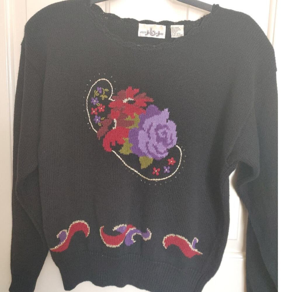 Vintage Justin B Jones Sweater Embroidered Ramie Floral Shoulder Pads Medium